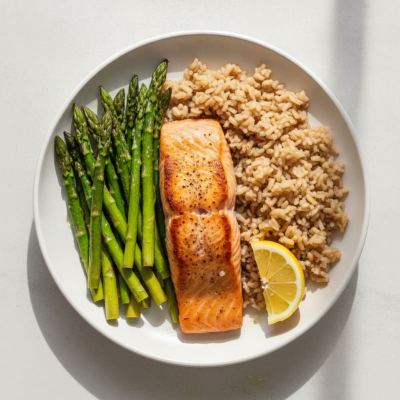 Seared Salmon with Roasted Asparagus and Brown Rice