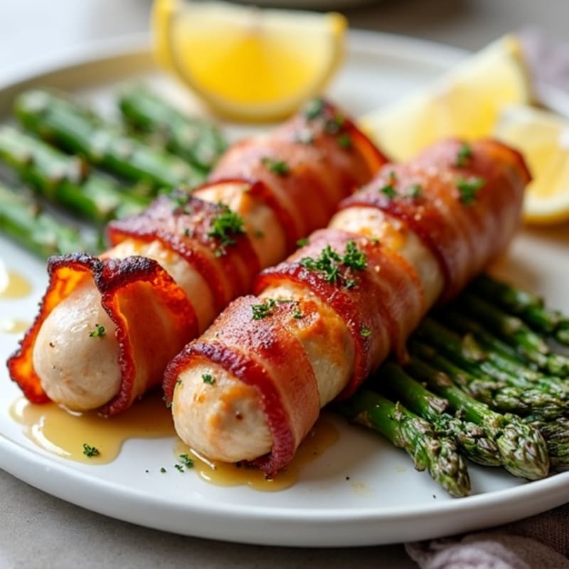 Sheet Pan Crispy Turkey Bacon-Wrapped Chicken Sausage with Roasted Asparagus