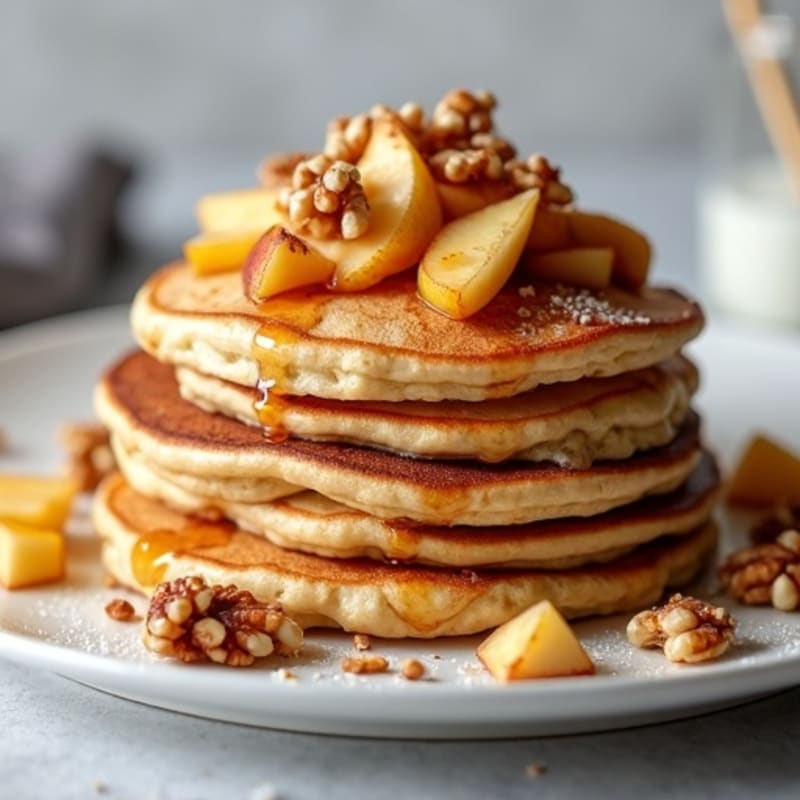 Vanilla Bean Protein Pancake Stack with Caramelized Apples and Toasted Walnuts