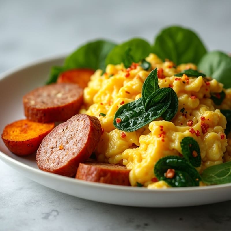 Egg White and Turkey Sausage Scramble with Spinach and Roasted Sweet Potatoes