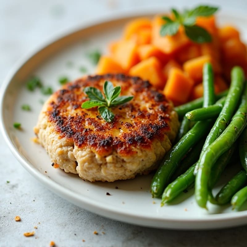 Seared Turkey Patties with Garlic Green Beans and Roasted Sweet Potato