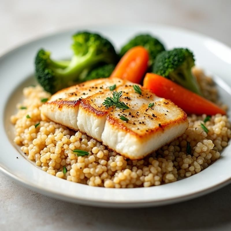 Seared White Fish with Steamed Broccoli, Citrus-Glazed Carrots & Quinoa