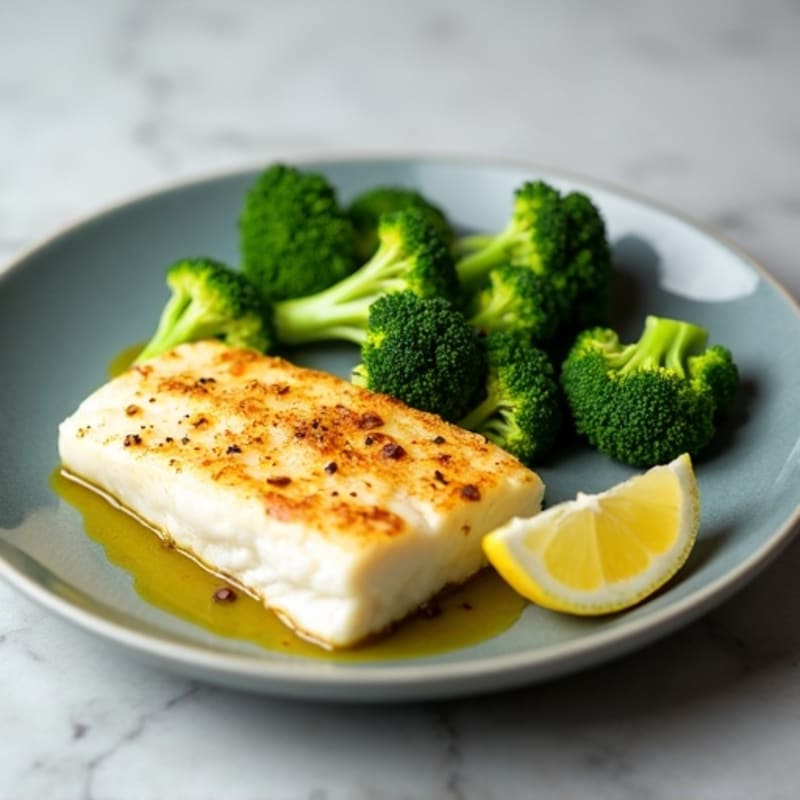 Seared White Fish with Steamed Broccoli and Lemon