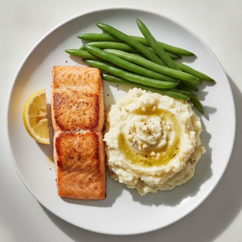 Seared Salmon with Steamed Green Beans and Garlic Mashed Potatoes