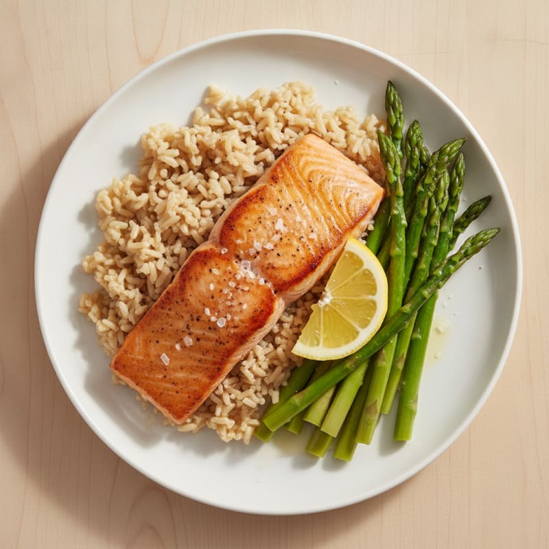 Seared Salmon with Steamed Asparagus and Brown Rice