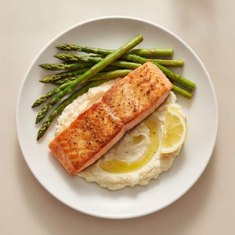 Seared Salmon Fillet with Roasted Asparagus and Cauliflower Mash