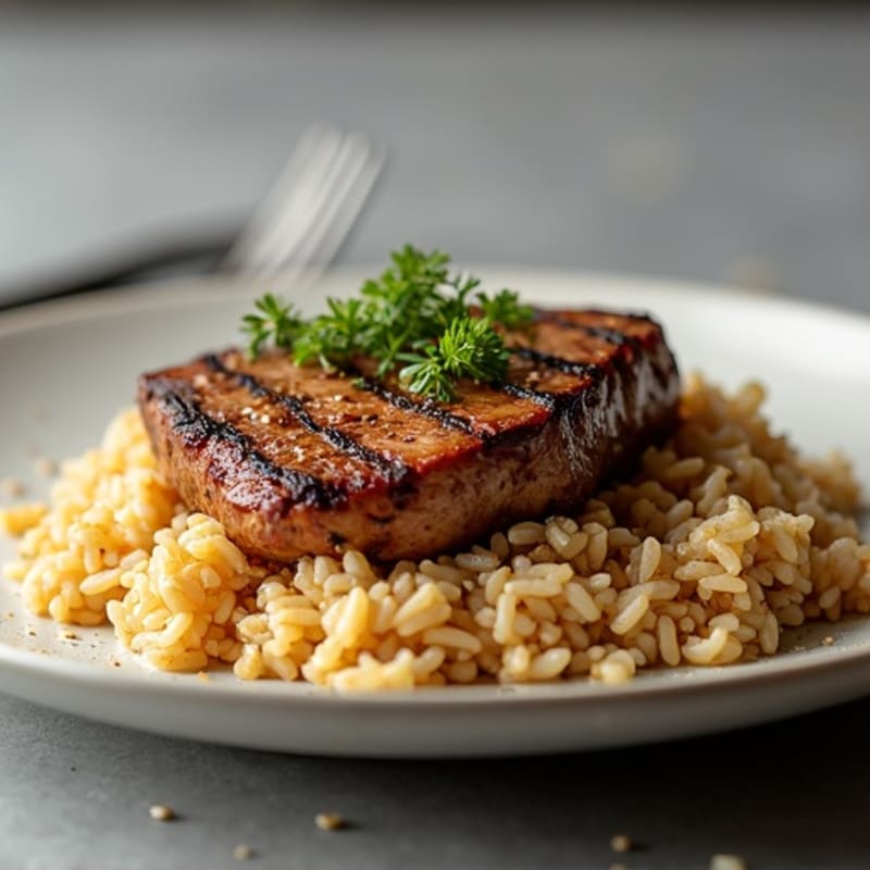 Garlic-Ginger Seared Steak with Sesame Brown Rice