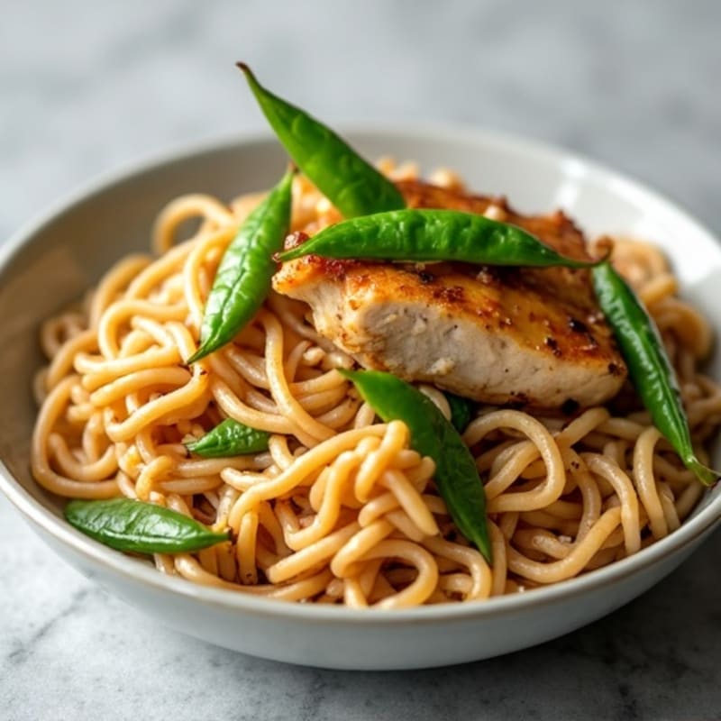 Tender Chicken with Garlic-Soy Noodles and Fresh Snap Peas