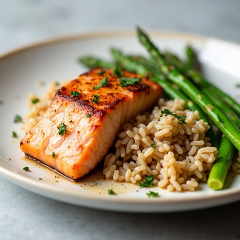 Seared Salmon Fillet with Steamed Asparagus and Brown Rice