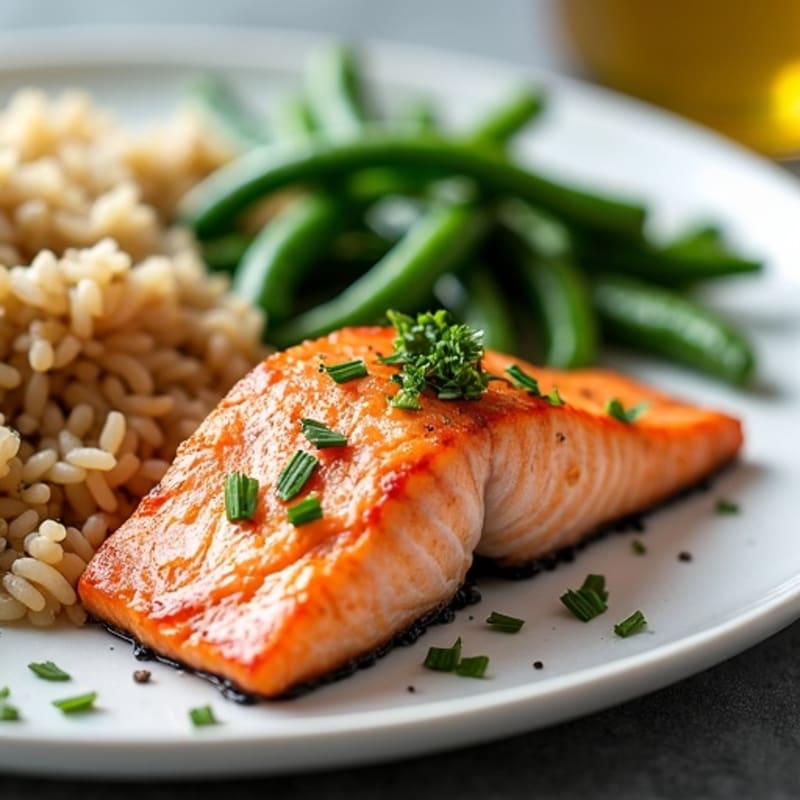 Seared Salmon with Garlic Green Beans and Brown Rice