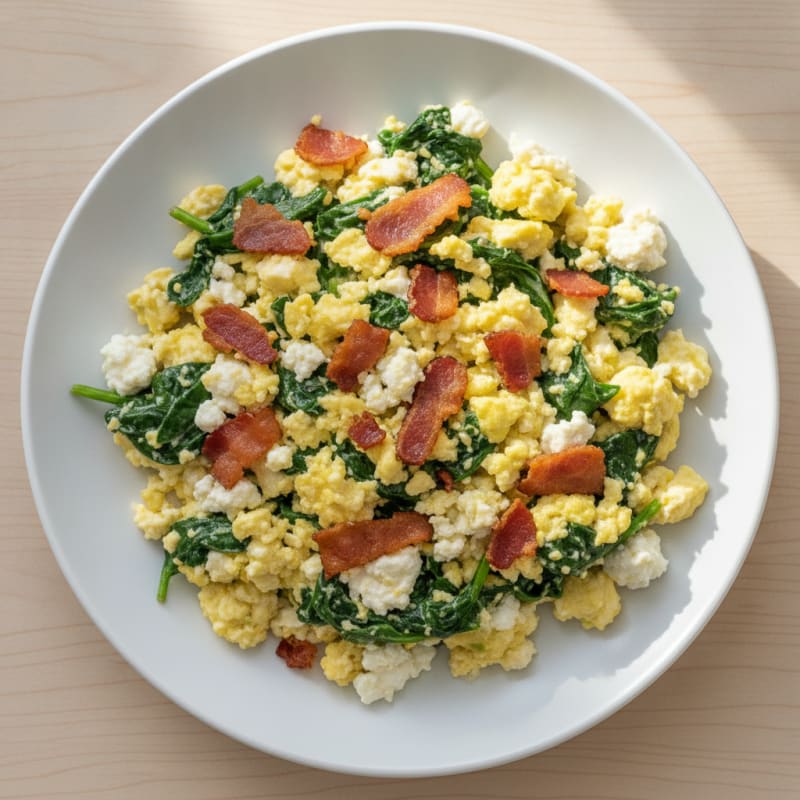 Cottage Cheese Egg Scramble with Spinach and Turkey Bacon