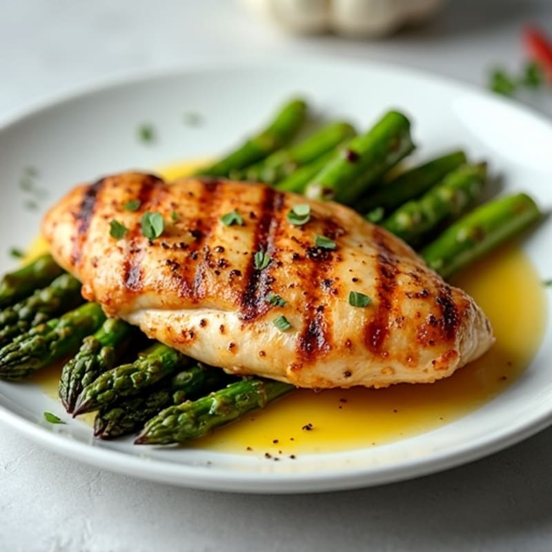 Tender Yogurt Marinated Grilled Chicken Breast with Roasted Asparagus