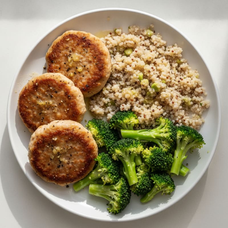 Seared Turkey Patties with Steamed Broccoli and Quinoa