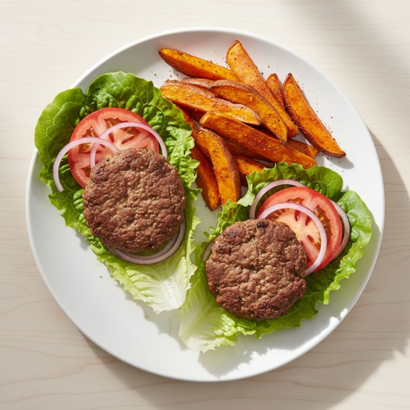 Lean Beef Burger Lettuce Wraps with Roasted Sweet Potato Wedges