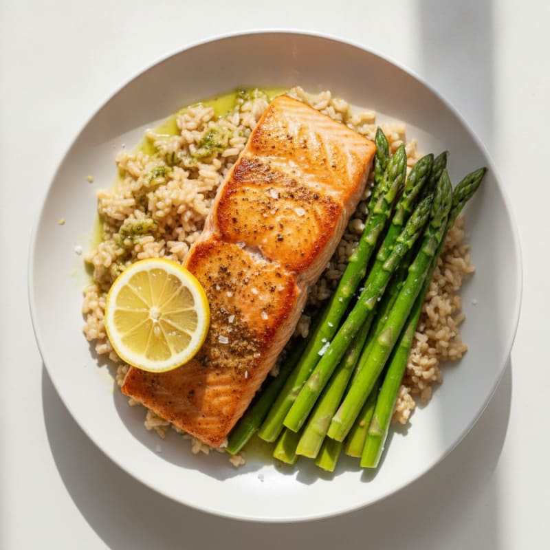 Seared Salmon with Steamed Asparagus and Brown Rice