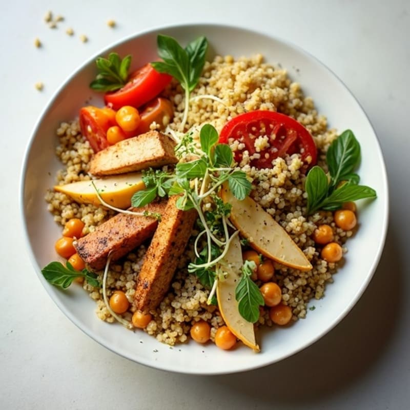 Crunchy Sprout and Quinoa Bowl with Roasted Vegetables and Creamy Tahini Dressing