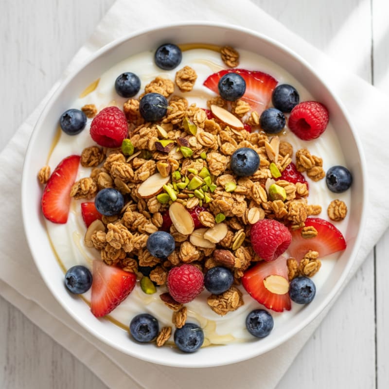 Greek Yogurt Parfait with Crunchy Almond Granola and Fresh Berries