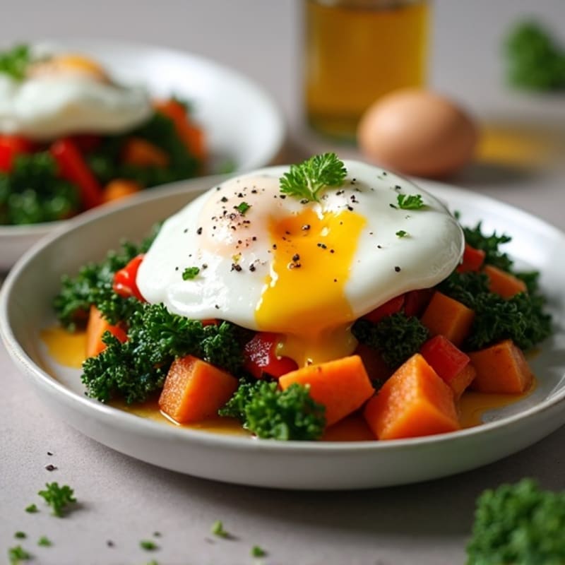 Hearty Sweet Potato and Kale Hash with Poached Eggs