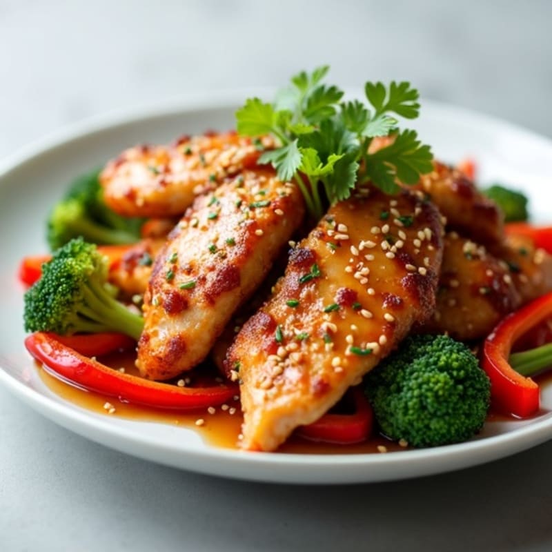 Crispy Sesame Ginger Chicken with Stir-Fried Broccoli and Bell Peppers
