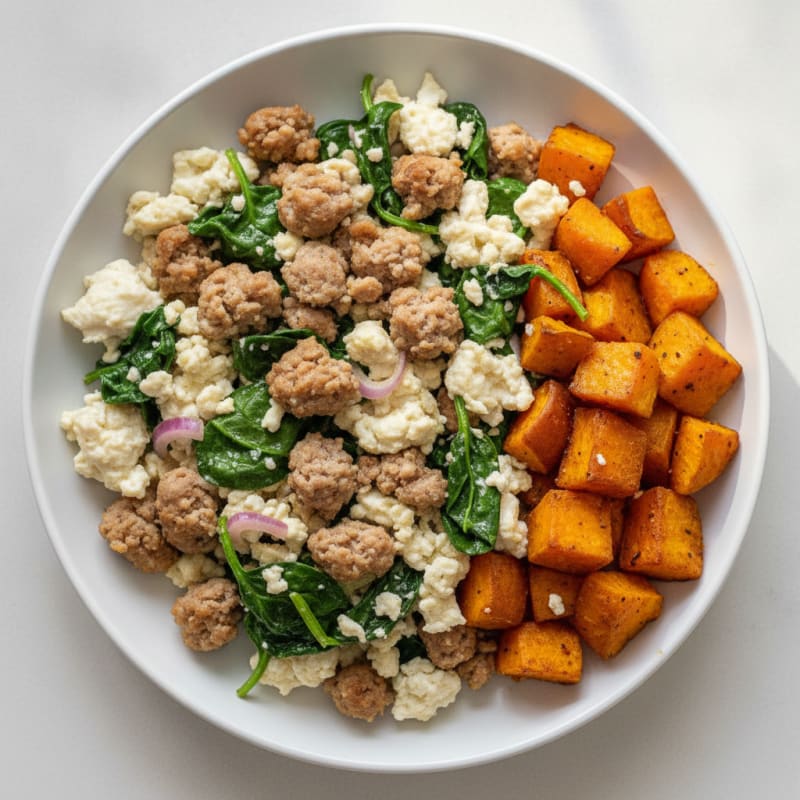 Egg White and Turkey Sausage Scramble with Spinach and Roasted Sweet Potatoes