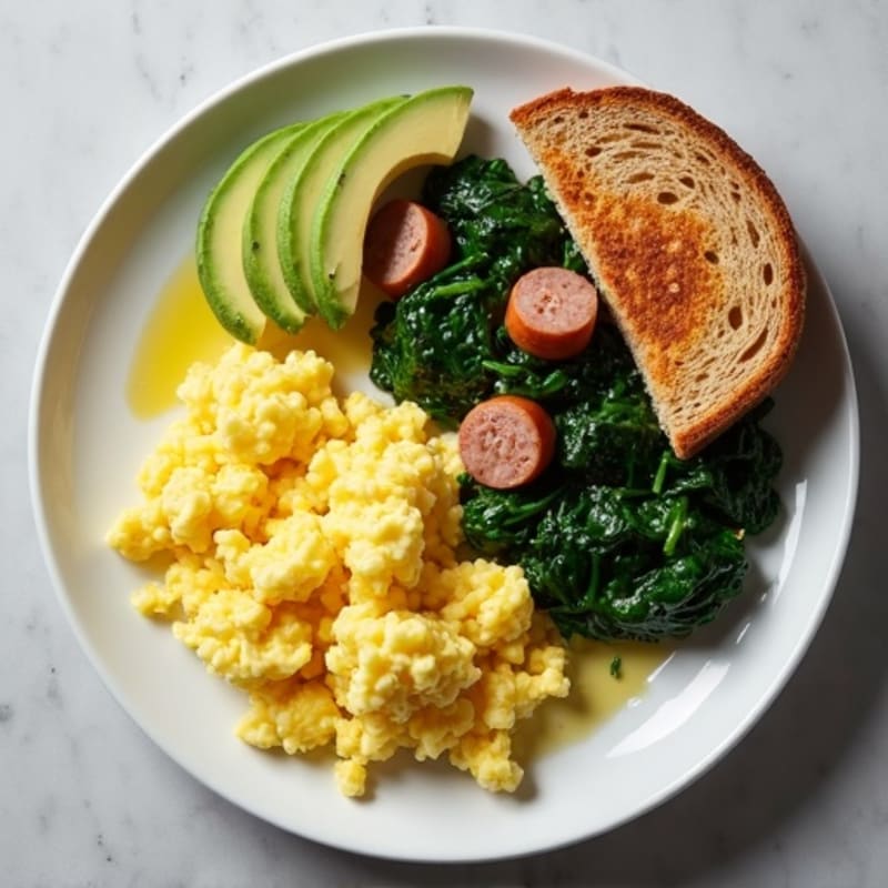 Scrambled Egg Whites with Turkey Sausage and Sautéed Spinach