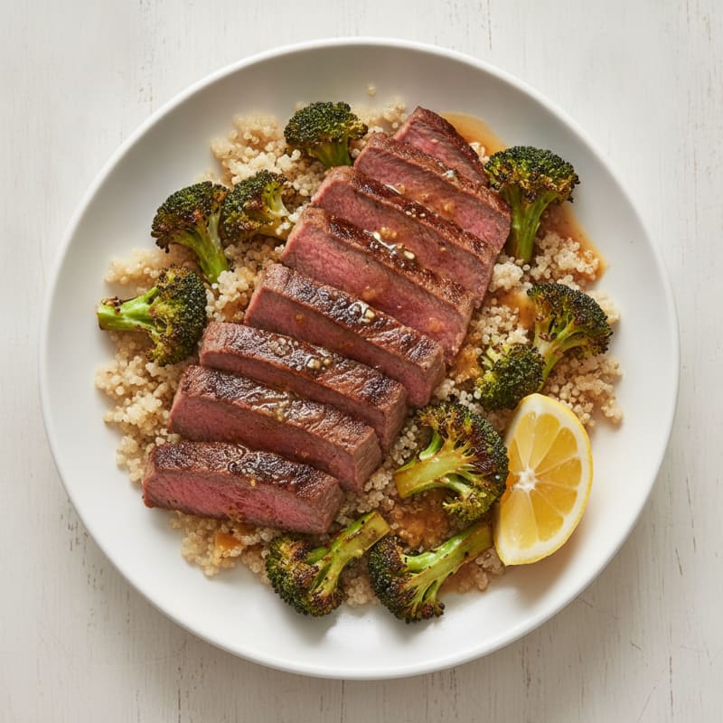 Seared Steak Strips with Quinoa and Roasted Broccoli