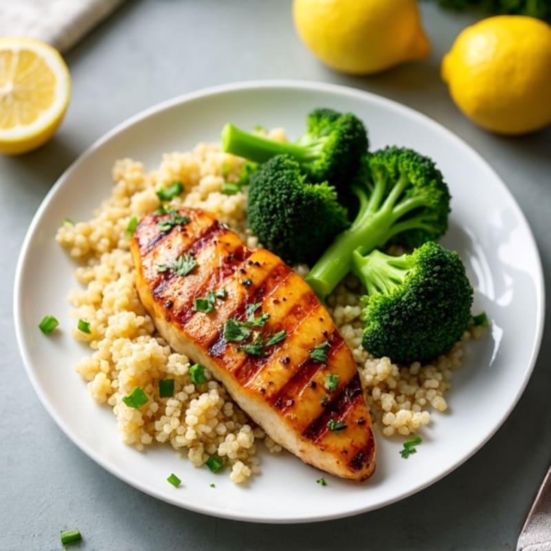 Grilled Lemon-Garlic Chicken Breast with Quinoa and Steamed Broccoli