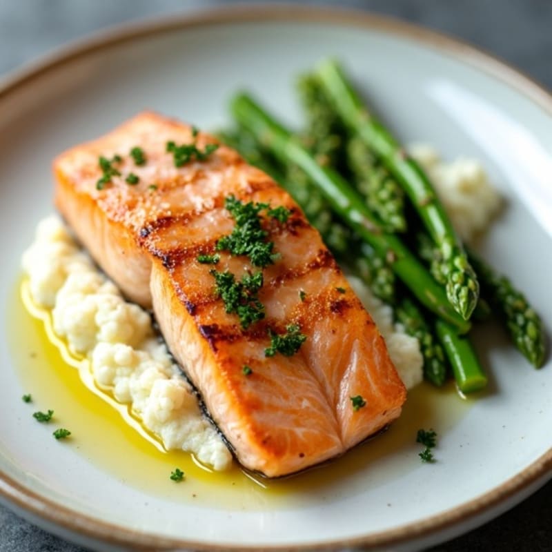 Seared Salmon with Steamed Asparagus and Cauliflower Mash