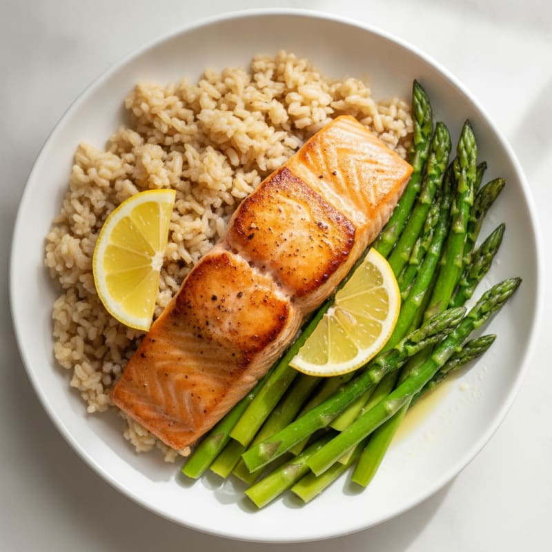 Seared Salmon with Brown Rice and Steamed Asparagus