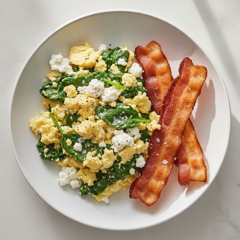 Cottage Cheese Egg Scramble with Spinach and Turkey Bacon