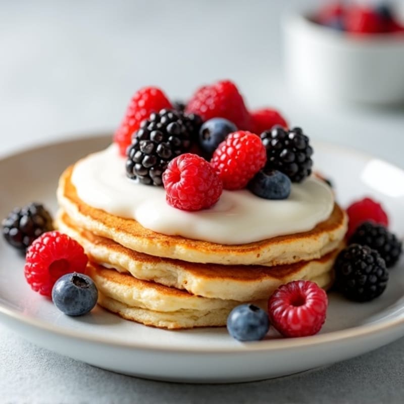 Cottage Cheese Pancakes with Greek Yogurt and Mixed Berries
