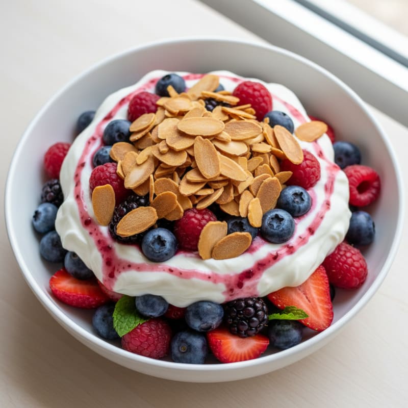 Greek Yogurt Protein Parfait with Mixed Berries and Almonds