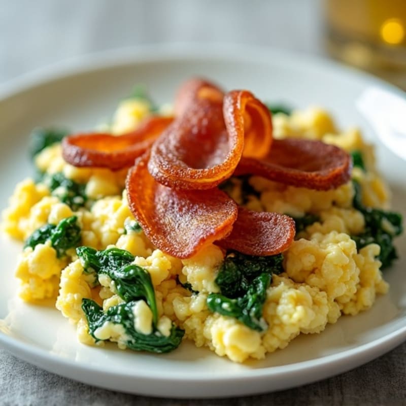 Cottage Cheese Egg Scramble with Sautéed Spinach and Turkey Bacon