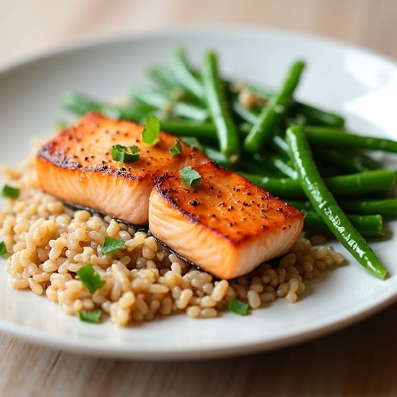 Seared Salmon Fillet with Steamed Green Beans and Brown Rice