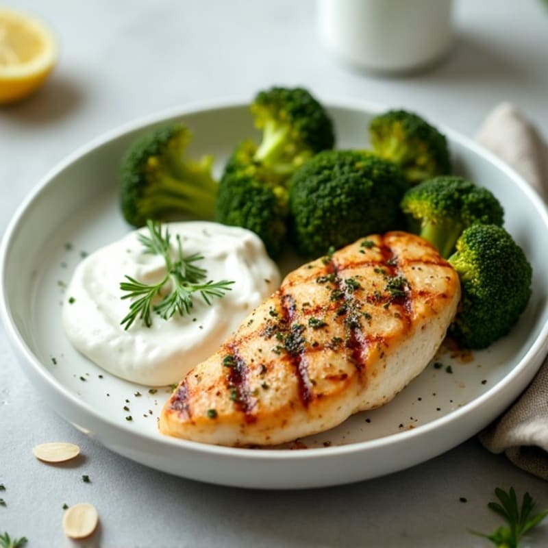 Grilled Chicken Breast with Roasted Broccoli and Greek Yogurt Herb Dip