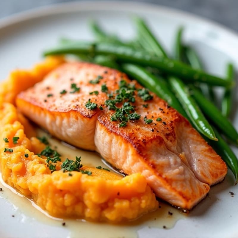 Seared Salmon Fillet with Steamed Green Beans and Sweet Potato Mash