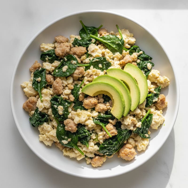 Egg White Scramble with Turkey Sausage and Sautéed Spinach