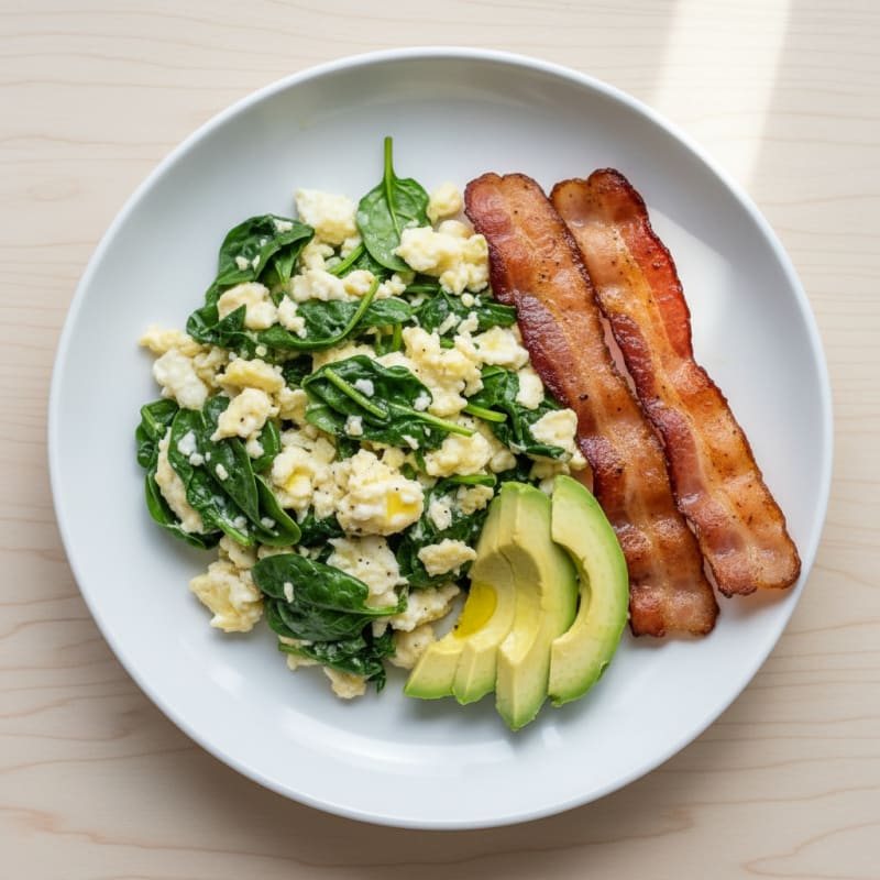 Egg White Spinach Scramble with Grilled Turkey Bacon