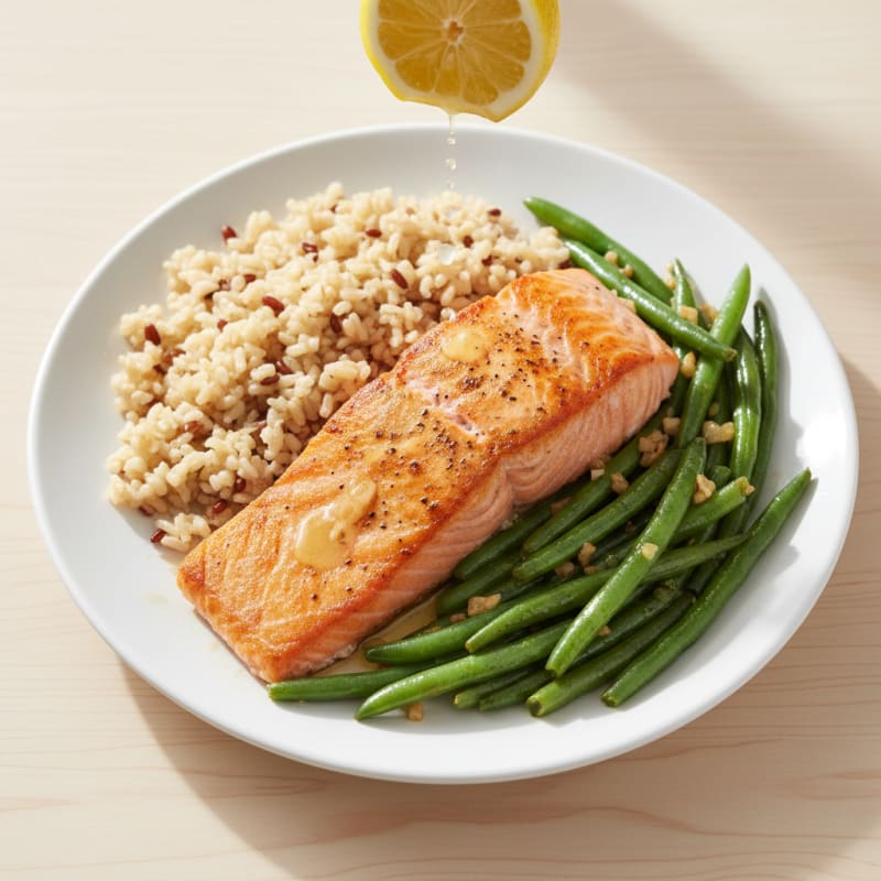 Seared Salmon with Garlic Green Beans and Brown Rice