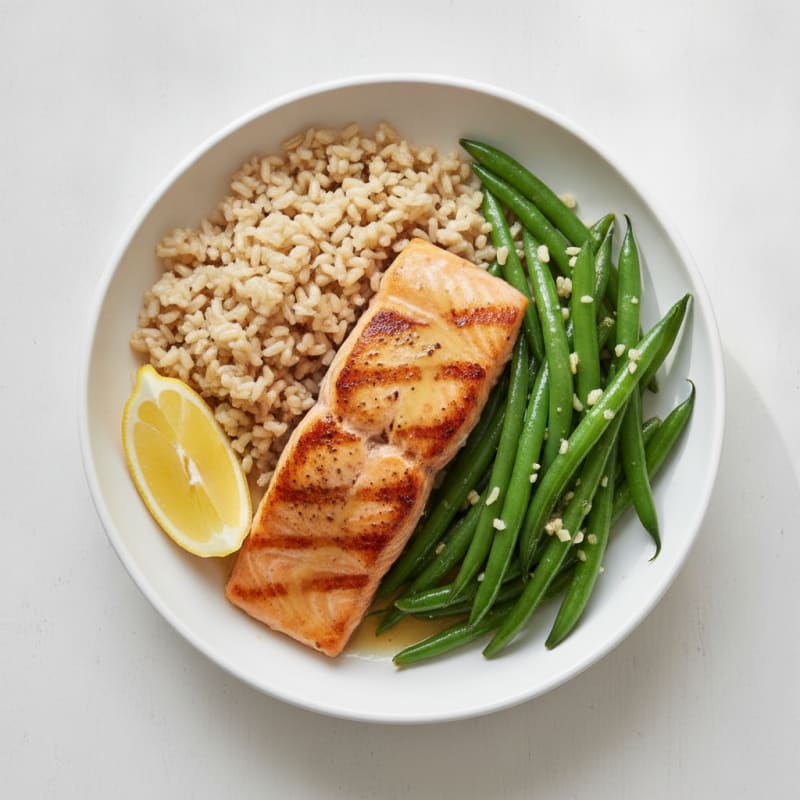 Seared Salmon Fillet with Garlic Green Beans and Brown Rice