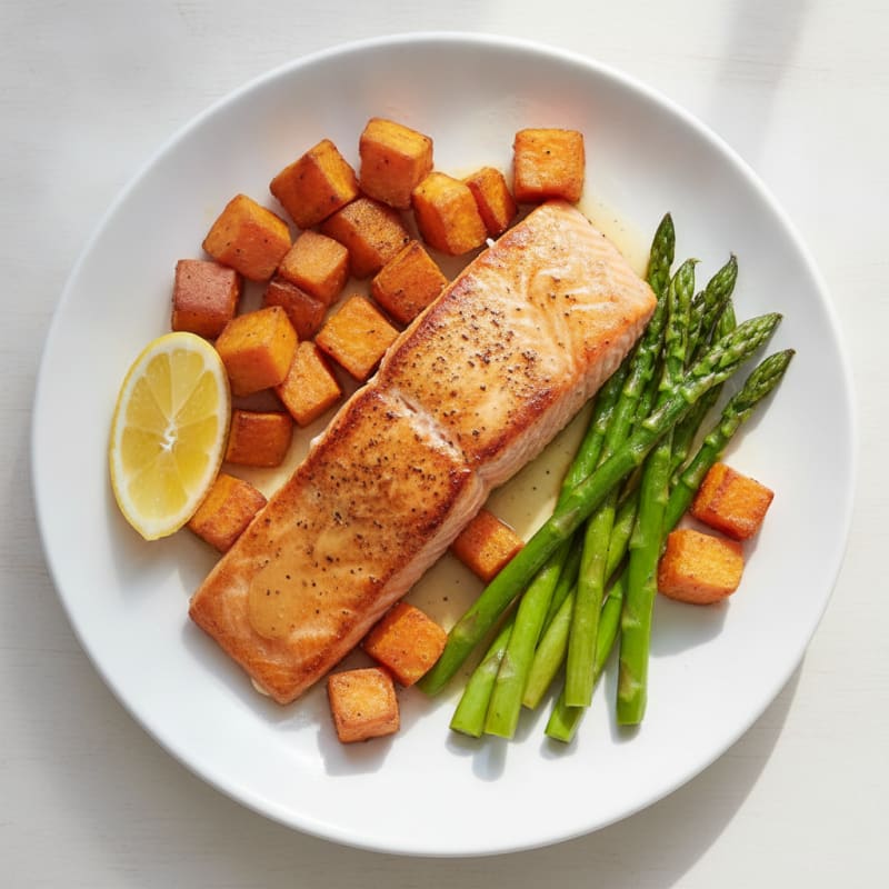 Seared Salmon Fillet with Roasted Sweet Potato and Asparagus