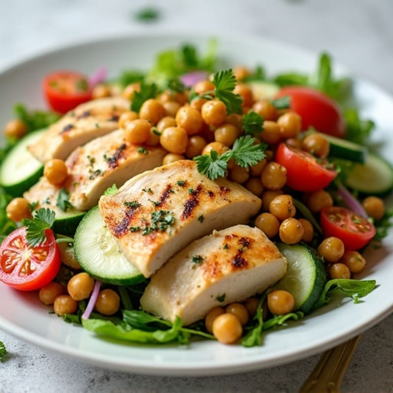 Lemon-Herb Chicken Salad with Fresh Vegetables and Crispy Chickpeas