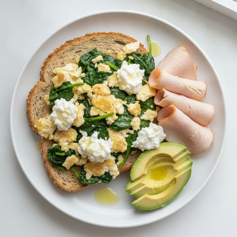 Egg White Spinach Scramble with Cottage Cheese and Sliced Turkey