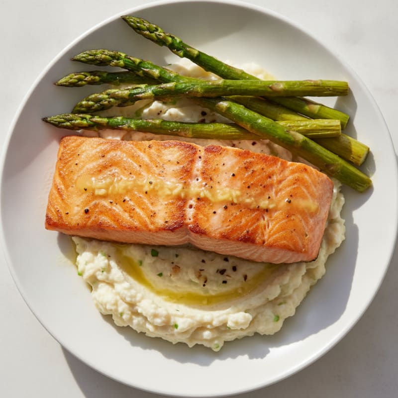 Seared Salmon Fillet with Roasted Asparagus and Cauliflower Mash