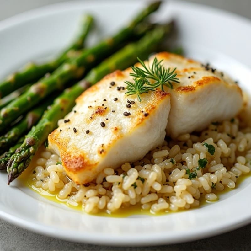 Baked White Fish with Herb Rice and Roasted Asparagus