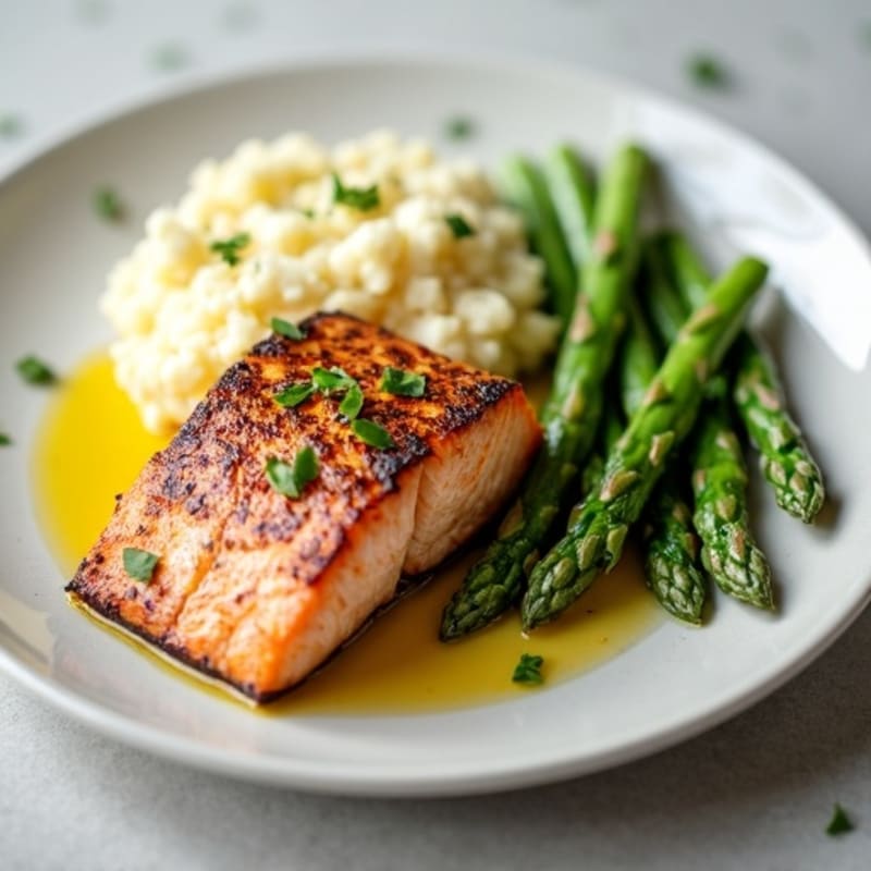 Seared Salmon with Steamed Asparagus and Mashed Cauliflower