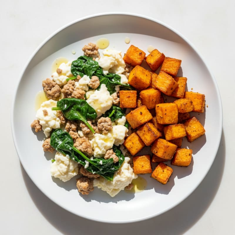 Egg White and Turkey Spinach Scramble with Roasted Sweet Potato