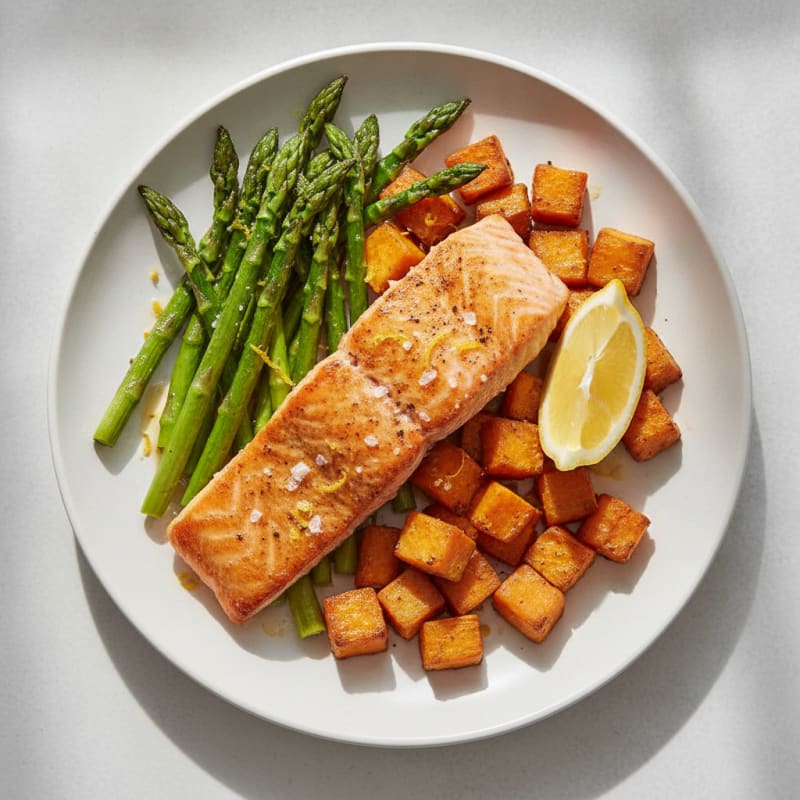 Pan-Seared Salmon with Roasted Asparagus and Sweet Potato