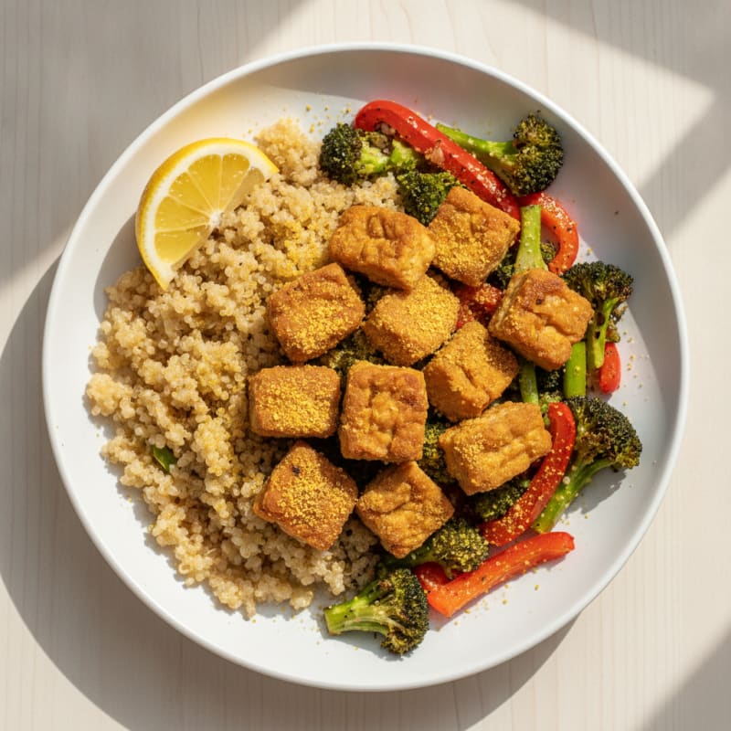 Crispy Tempeh Power Bowl with Quinoa and Roasted Vegetables