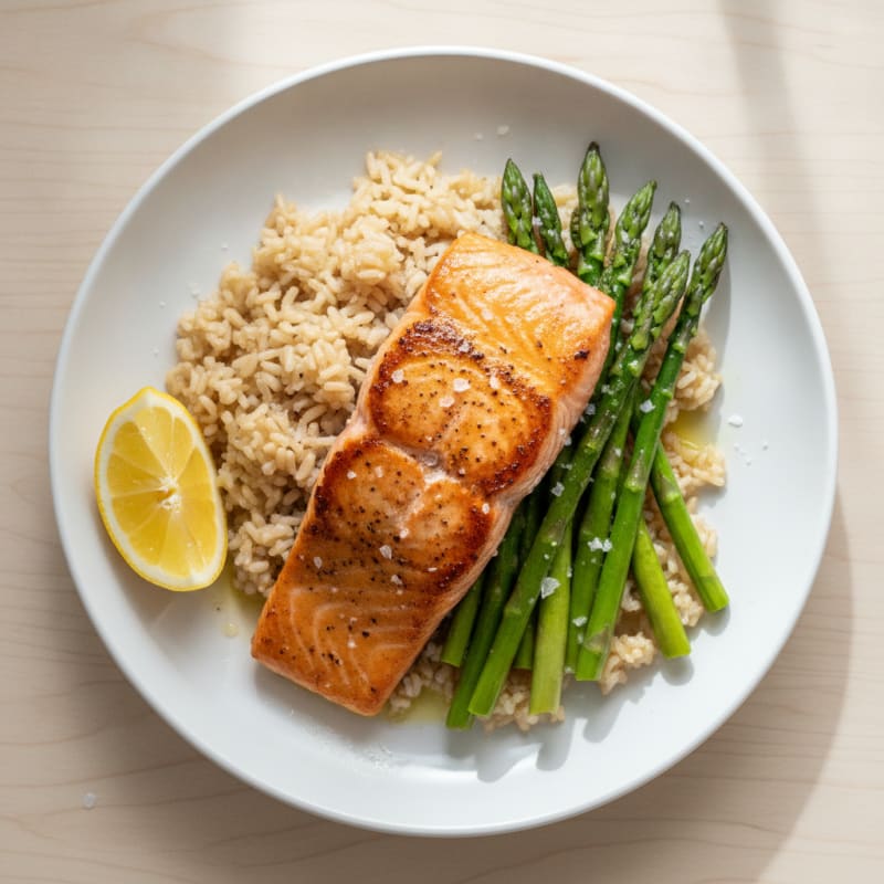 Seared Salmon Fillet with Steamed Brown Rice and Asparagus